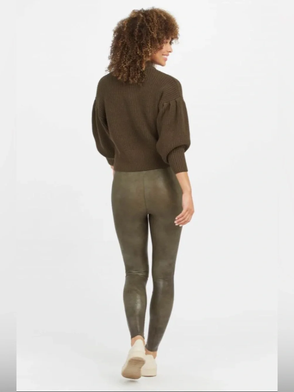 Spanx Faux Leather Croc Embossed Leggings Dark Olive High Rise Slim Fit Size M